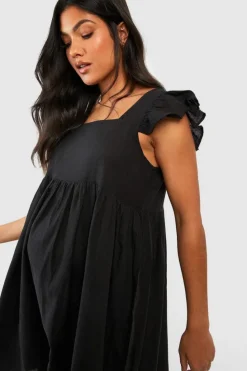 Smock Dresses*boohoo Maternity Linen Look Frill Sleeve Smock Dress black