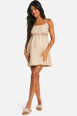 Smock Dresses*boohoo Maternity Linen Look Strappy Mini Smock Dress stone