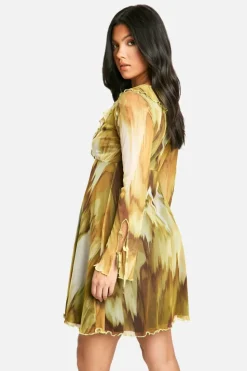 Skater Dresses|Mini Dresses*boohoo Maternity Mesh Abstract Print Ruffle Detail Long Sleeve Skater Mini Dress multi