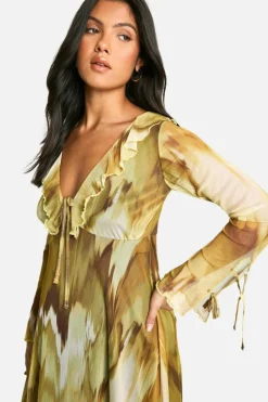 Skater Dresses|Mini Dresses*boohoo Maternity Mesh Abstract Print Ruffle Detail Long Sleeve Skater Mini Dress multi