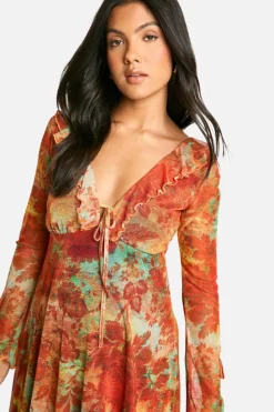 Skater Dresses*boohoo Maternity Mesh Floral Print Ruffle Detail Long Sleeve Skater Mini Dress orange