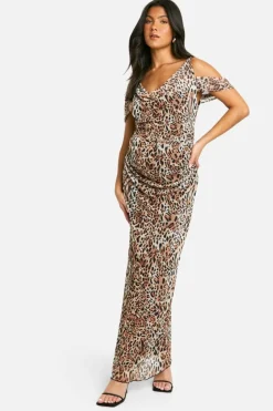 Bodycon Dresses|Maxi Dresses*boohoo Maternity Mesh Leopard Print Cowl Neck Bardot Maxi Dress brown