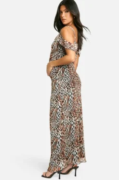 Bodycon Dresses|Maxi Dresses*boohoo Maternity Mesh Leopard Print Cowl Neck Bardot Maxi Dress brown