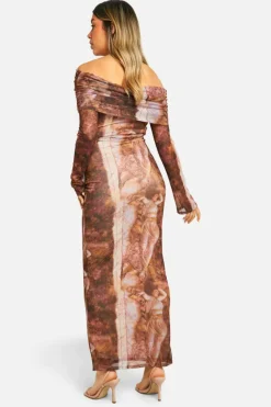 Bodycon Dresses|Long Sleeve Dresses*boohoo Maternity Mesh Snake Print Fold Over Bardot Midaxi Dress multi