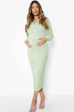 Wrap Dresses|Midi Dresses*boohoo Maternity Mesh Wrap Midi Dress sage