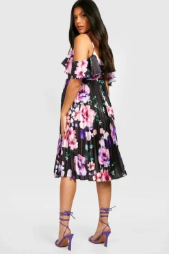 Midi Dresses*boohoo Maternity Occasion Floral Pleated Midi Dress black