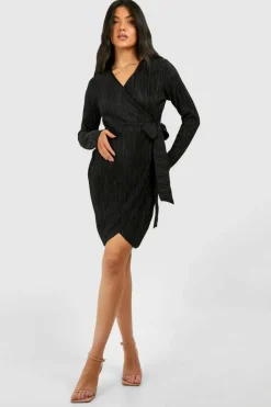 Wrap Dresses*boohoo Maternity Plisse Wrap Belted Mini Dress black