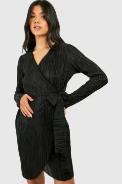 Wrap Dresses*boohoo Maternity Plisse Wrap Belted Mini Dress black