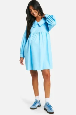 Smock Dresses*boohoo Maternity Poplin Frill Collared Long Sleeve Smock Dress light blue