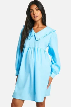 Smock Dresses*boohoo Maternity Poplin Frill Collared Long Sleeve Smock Dress light blue