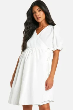 Wrap Dresses|Mini Dresses*boohoo Maternity Puff Sleeve Wrap Mini Smock Dress white