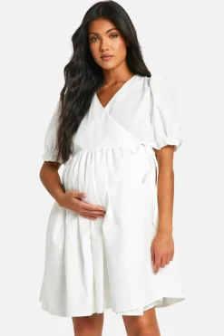Wrap Dresses|Mini Dresses*boohoo Maternity Puff Sleeve Wrap Mini Smock Dress white