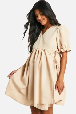Wrap Dresses*boohoo Maternity Puff Sleeve Wrap Mini Smock Dress stone