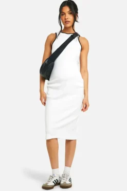Midi Dresses*boohoo Maternity Ribbed Racer Neck Contrast Binding Midi Dress white