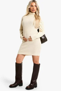 Jumper Dresses|Jumper Dresses*boohoo Maternity Roll Neck Mini Jumper Dress stone