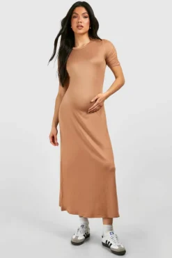 T-Shirt Dresses*boohoo Maternity Ruched Sleeve Supersoft Column Midaxi Dress camel
