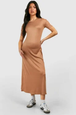 T-Shirt Dresses*boohoo Maternity Ruched Sleeve Supersoft Column Midaxi Dress camel