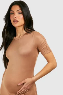 T-Shirt Dresses*boohoo Maternity Ruched Sleeve Supersoft Column Midaxi Dress camel