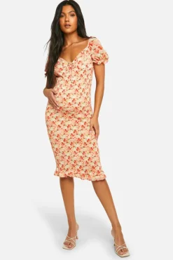 Midi Dresses*boohoo Maternity Shir Floral Milkmaid Midi Dress red