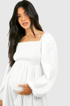 Smock Dresses*boohoo Maternity Shirred Poplin Midaxi Dress white