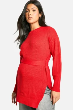 Jumpers*boohoo Maternity Side Split Knitted Tie Waist Jumper red