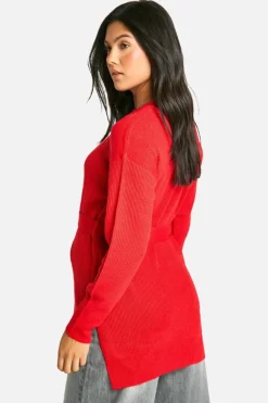Jumpers*boohoo Maternity Side Split Knitted Tie Waist Jumper red