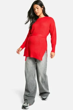 Jumpers*boohoo Maternity Side Split Knitted Tie Waist Jumper red