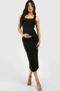 Midi Dresses*boohoo Maternity Sleeveless Square Neck Slinky Midi Dress black