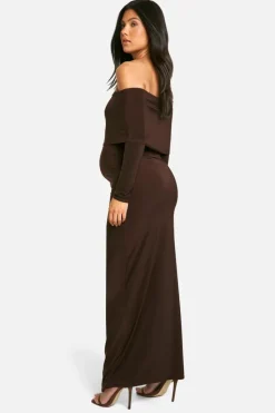Bodycon Dresses|Maxi Dresses*boohoo Maternity Slinky Deep Bardot Long Sleeve Maxi Dress chocolate