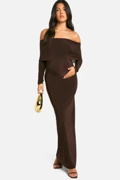 Bodycon Dresses|Maxi Dresses*boohoo Maternity Slinky Deep Bardot Long Sleeve Maxi Dress chocolate