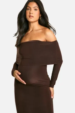 Bodycon Dresses|Maxi Dresses*boohoo Maternity Slinky Deep Bardot Long Sleeve Maxi Dress chocolate