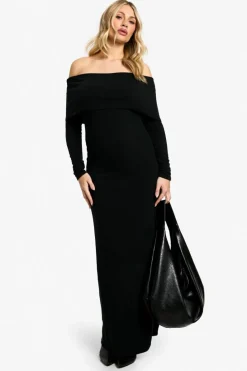 Maxi Dresses|Long Sleeve Dresses*boohoo Maternity Soft Knit Deep Bardot Maxi Dress black