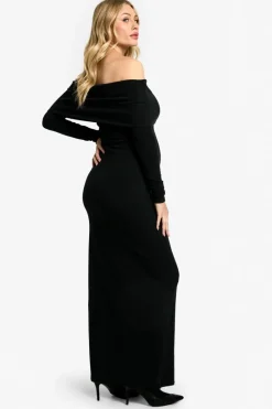 Maxi Dresses|Long Sleeve Dresses*boohoo Maternity Soft Knit Deep Bardot Maxi Dress black