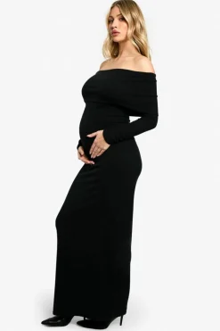 Maxi Dresses|Long Sleeve Dresses*boohoo Maternity Soft Knit Deep Bardot Maxi Dress black