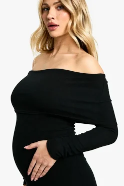 Maxi Dresses|Long Sleeve Dresses*boohoo Maternity Soft Knit Deep Bardot Maxi Dress black