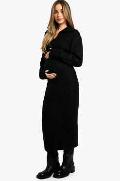 Maxi Dresses|Jumper Dresses*boohoo Maternity Soft Knit Thick Rib Collar Detail Maxi Dress black