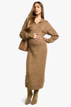Jumper Dresses|Jumper Dresses*boohoo Maternity Soft Knit Thick Rib Collar Detail Maxi Dress camel