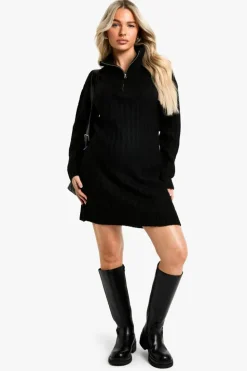 Jumper Dresses|Jumper Dresses*boohoo Maternity Soft Knit Thick Rib Zip Neck Oversize Mini Dress black