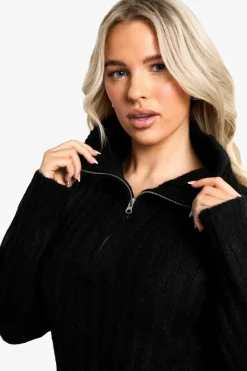 Jumper Dresses|Jumper Dresses*boohoo Maternity Soft Knit Thick Rib Zip Neck Oversize Mini Dress black