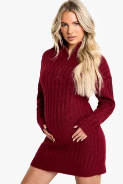 Jumper Dresses|Jumper Dresses*boohoo Maternity Soft Knit Thick Rib Zip Neck Oversize Mini Dress berry
