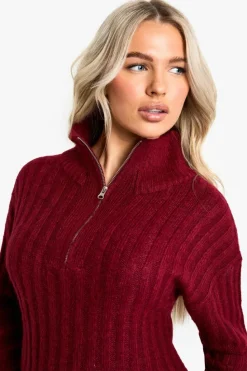 Jumper Dresses|Jumper Dresses*boohoo Maternity Soft Knit Thick Rib Zip Neck Oversize Mini Dress berry