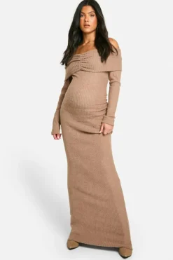 Maxi Dresses*boohoo Maternity Soft Rib Off Shoulder Column Maxi Dress camel