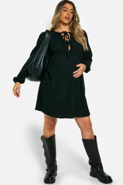 Smock Dresses*boohoo Maternity Soft Rib Tie Front Smock Dress black