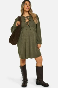Smock Dresses*boohoo Maternity Soft Rib Tie Front Smock Dress khaki