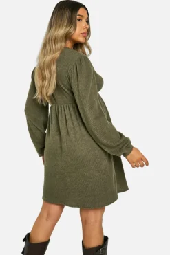 Smock Dresses*boohoo Maternity Soft Rib Tie Front Smock Dress khaki