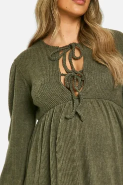 Smock Dresses*boohoo Maternity Soft Rib Tie Front Smock Dress khaki