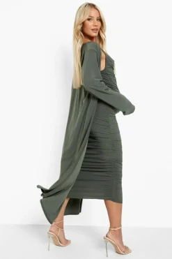Midi Dresses*boohoo Maternity Strappy Cowl Neck Dress And Duster Coat light khaki