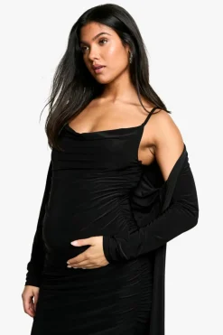 Bodycon Dresses*boohoo Maternity Strappy Cowl Neck Dress And Duster Coat black