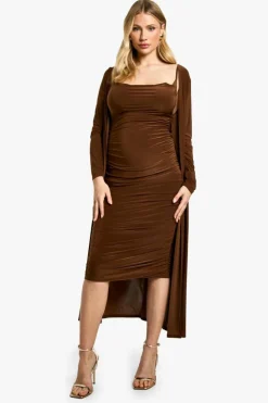 Bodycon Dresses*boohoo Maternity Strappy Cowl Neck Dress And Duster Coat chocolate