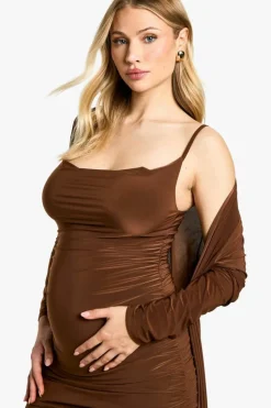 Bodycon Dresses*boohoo Maternity Strappy Cowl Neck Dress And Duster Coat chocolate